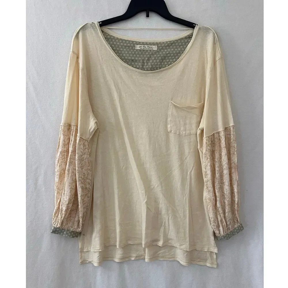 We the Free People Jade Ivory Top L Balloon Long Sleeve Hi Low Hem